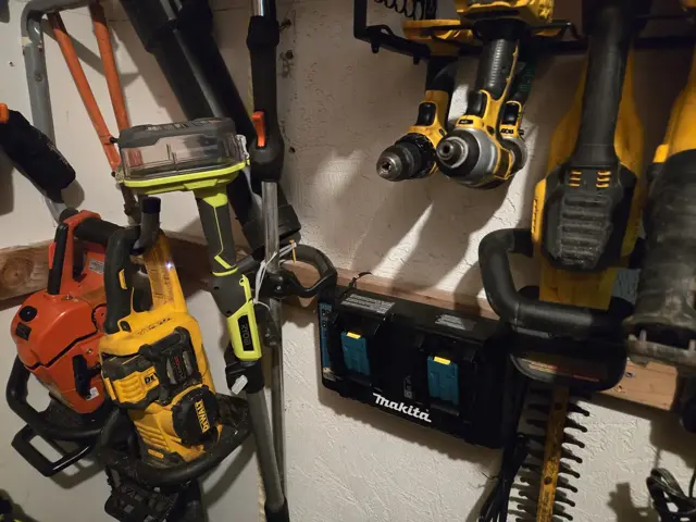 DeWalt tools on the pegboard