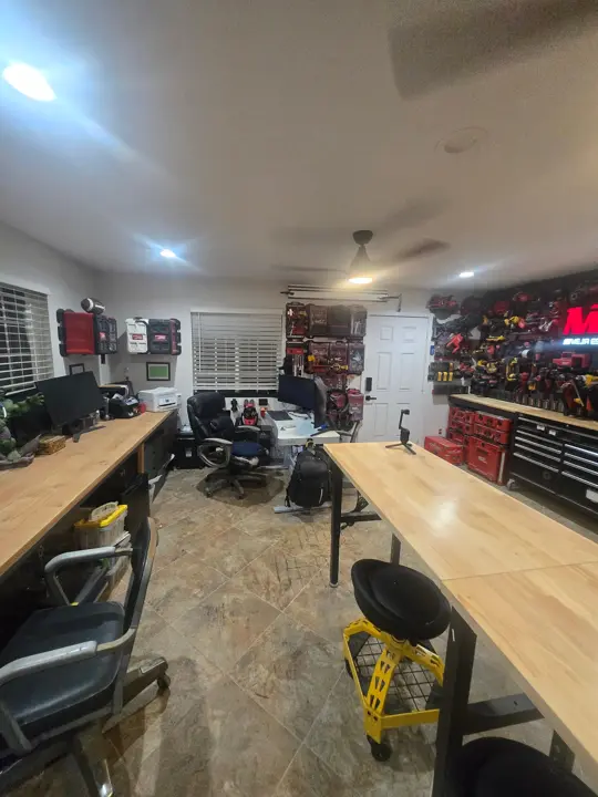 Looking across the studio to the tool wall