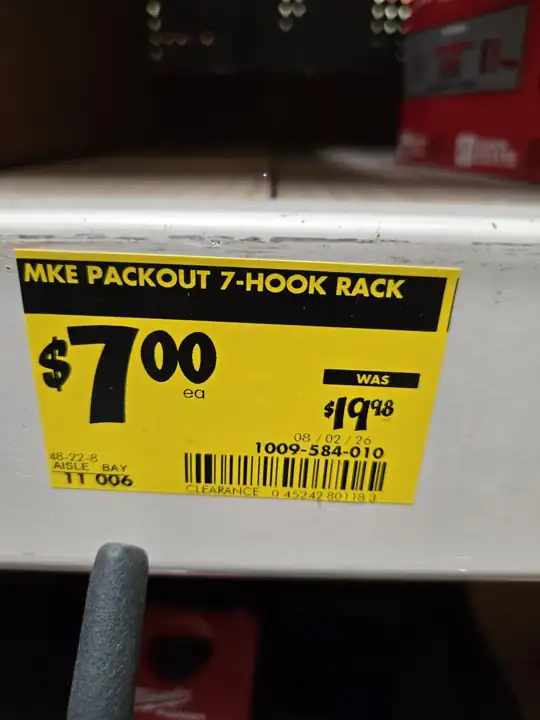 PACKOUT 7-hook rack: $7.00, was $19.98