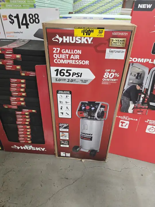 Husky 27 gal quiet compressor $190