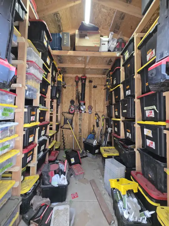 Shed shelving: cases and bins sorted by trade